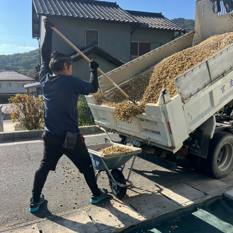 滋賀県竜王町の外構現場にて防草シートの上にダンプからサビ砂利を運搬・敷き込みする職人の施工風景。
